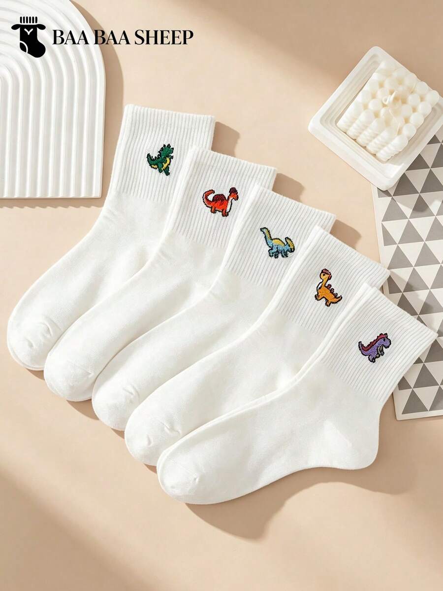 5 Pairs Women's Cute Cartoon Dinosaur Animal Mid-Calf Socks, Unisex, Suitable For Daily Casual Wear - White - View 1
