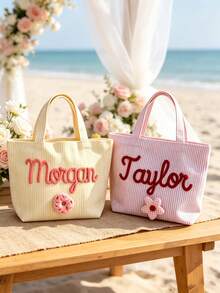 1pc Customized Name Striped Bubble Tote Bag, Personalized Summer Vacation Handbag, Pink & Blue Color Scheme Summer Beach Bag, Unique Gift For Girls, Mini Travel Handbag - Multicolor - View 1