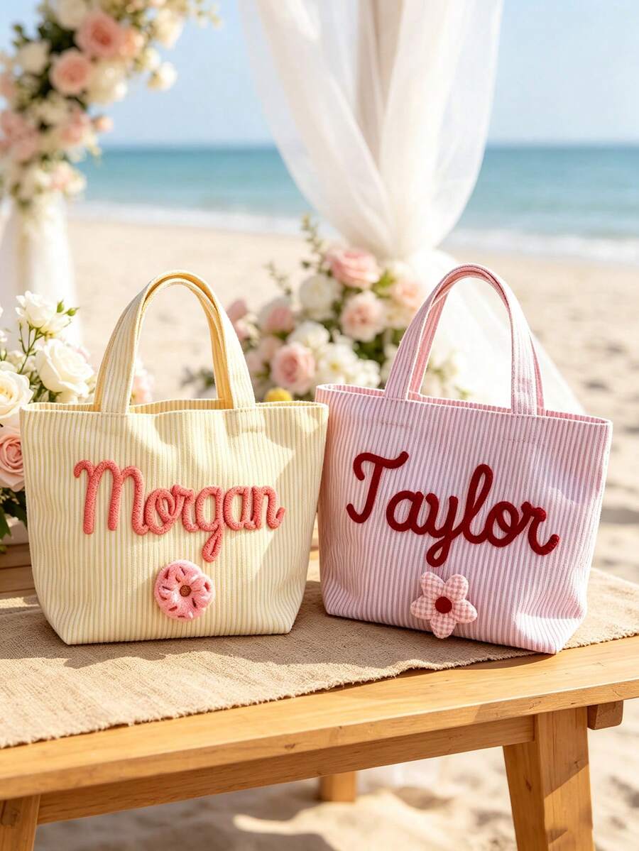 1pc Customized Name Striped Bubble Tote Bag, Personalized Summer Vacation Handbag, Pink & Blue Color Scheme Summer Beach Bag, Unique Gift For Girls, Mini Travel Handbag - Multicolor - View 1