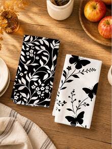 2PCS Kitchen Towels Black & White Floral Butterfly Pattern, Minimalist Style Super Fine Fiber Material Soft Kitchen Towels Dish Cloths, Hand Towels, Tablecloths, Kitchen Decor, Kitchen Cleaning, Bathroom Cleaning, Holiday Party Decor, Kitchen & Bathroom Supplies Home Essentials, Home Decor, Housewarming Gift - Black and White - View 7