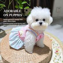 1pc Sweetheart Pet Camisole Dress, Suitable For Small And Medium Dogs And Cats, Lightweight Outfit With D-Ring For Leash Attachment; Featuring Plaid Patchwork Floral Pattern Skirt With Mini Straw Hat Decoration, Perfect For Park Walks, Photo Shoots And Daily Wear - Blue - View 5