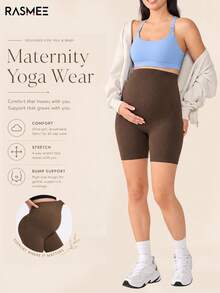 Maternity Seamless Solid Color High Waist Ribbed Waistband Non-Slip Leggings, Basic Fitted Sports Shorts Summer - Rust Brown - View 1