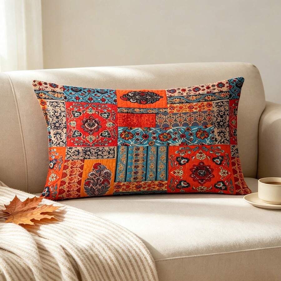 1pc Bohemian Style Colorful Patchwork Pattern Design Home Decor Throw Pillow Cover, Rectangular Peach Skin Velvet Hidden Zipper Single-Sided Printed Cushion Cover, Without Pillow Insert, Suitable For Holiday Party, Living Room, Bedroom Sofa Decoration - Multicolor - View 1