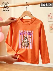 Halloween Girls Cotton Raglan Long Sleeve Tee, Cartoon Leopard Print Top, Cute Sweet Preppy Style - Orange - View 3