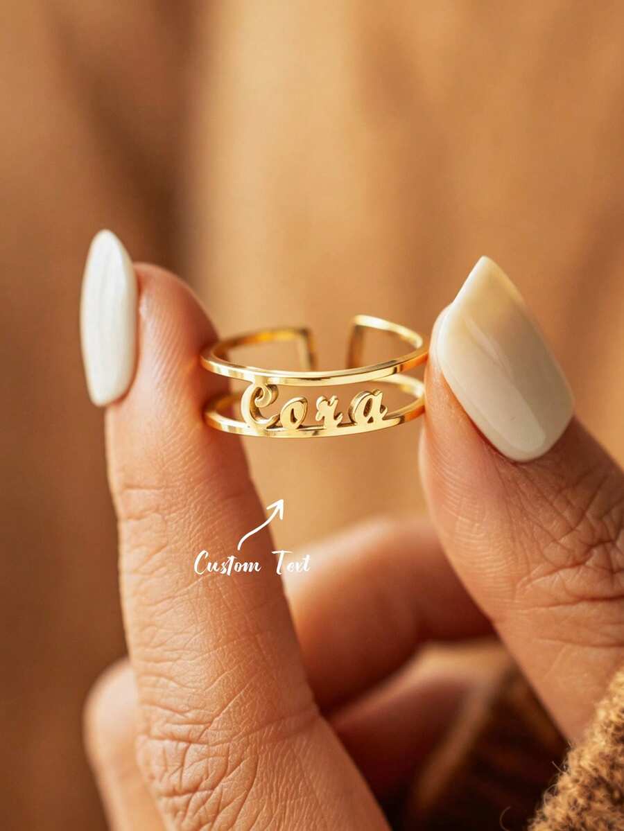 Anillo de letra hueca para mujer, anillo ajustable abierto chapado en oro de 18K de acero inoxidable, joyería minimalista, accesorio para el dedo de mujer, uso diario, regalo de cumpleaños - Multicolor - Ver 1