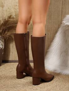 Vintage Pointed Toe Chunky Heel Tall Boots Slimming Side Zipper Black High Shaft Riding Boots Autumn Winter Versatile Knee-High Boots - Brown - View 8