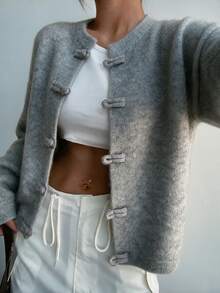 SEREN Women's Soft Fabric Round Neck Frog Button Knit Cardigan, Fashionable Elegant Long Sleeve Jacket, Comfortable Winter Essential - Grey - View 3