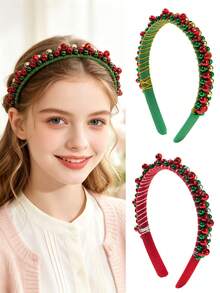 2PCS Lady Christmas Beaded Headband Red Green Pearl Decor Hair Hoop Festive Party Holiday Hair Accessory For Women - Multicolor - View 6