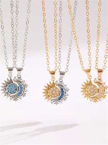 A Pair Of Personalized Vintage Design Sun And Moon Diamond-Studded Layered Necklaces For Women - Multicolor - View 5