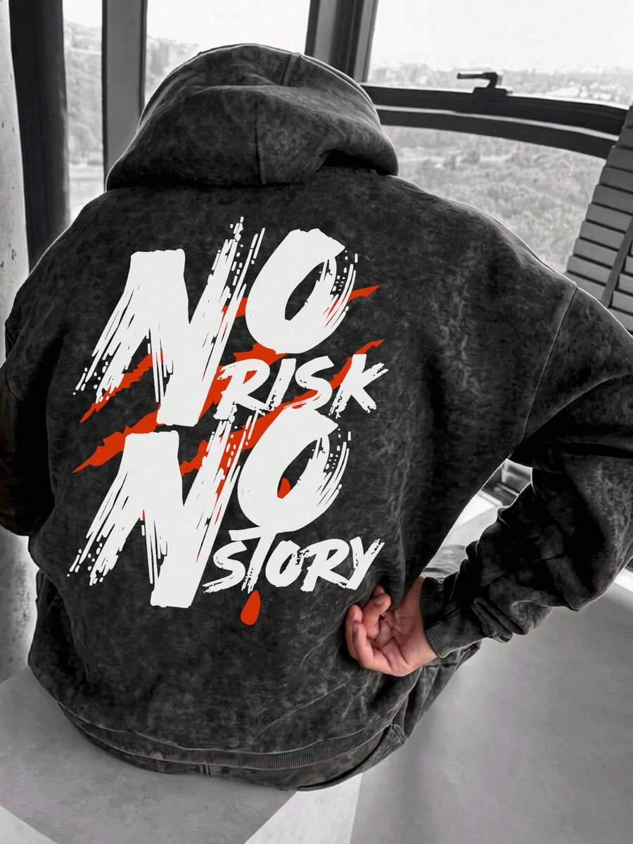 男士碳黑色紮染做舊 NO RISK NO STORY 紅色刷筆塗鴉英文字體寬鬆版袋鼠口袋連帽衛衣