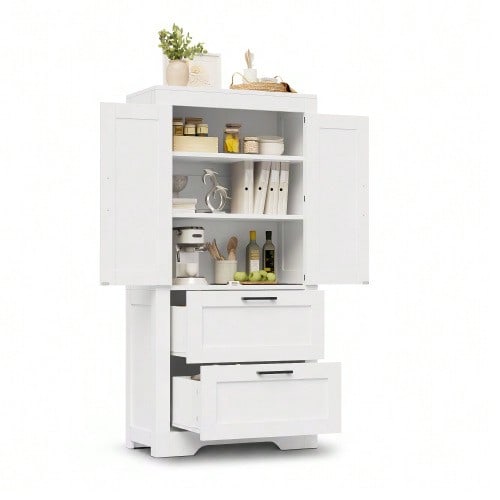Country-Style Kitchen Cabinet With 2 Drawers And Adjustable Shelves, Barn Door Design Sideboard, Suitable As Storage Furniture For Kitchen, Dining Room, And Living Room, White