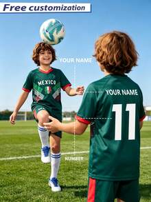 [Customized]Personalized Name Customization Celebrity Style #11 Number 2pcs Boys Girls Casual Soccer Uniform Set -Round Neck-Short Sleeve And Shorts Set- Polyester, Back To School Season Suitable For -Sports -Training And Casual Wear, Outdoor Perfect Choice - Green - View 3
