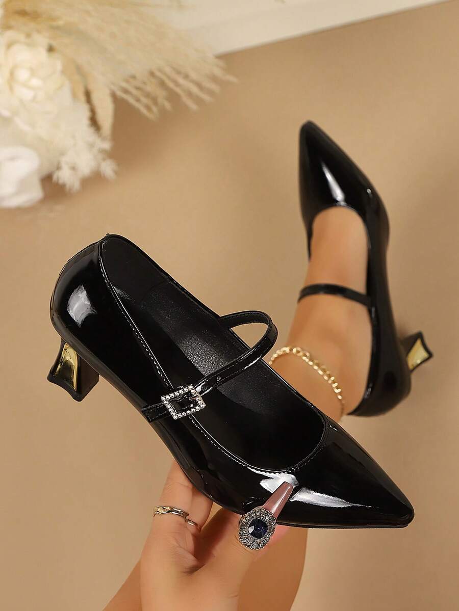 Women's Low-Top Fashion Slip-On High Heels, Plus Size, New Style, Stiletto Heel, Pointed Toe, Buckle Strap Office Shoes, Basic Buckle Design