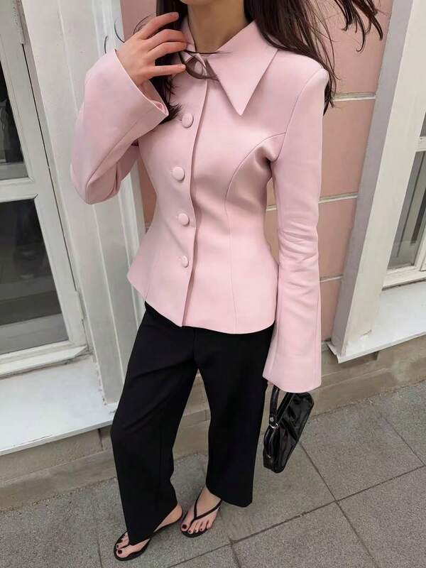 Blazer ajustado con mangas acampanadas, chaqueta de estilo conmutador con cintura ceñida y solapa, cárdigan vintage francés de cintura alta con dobladillo con volantes