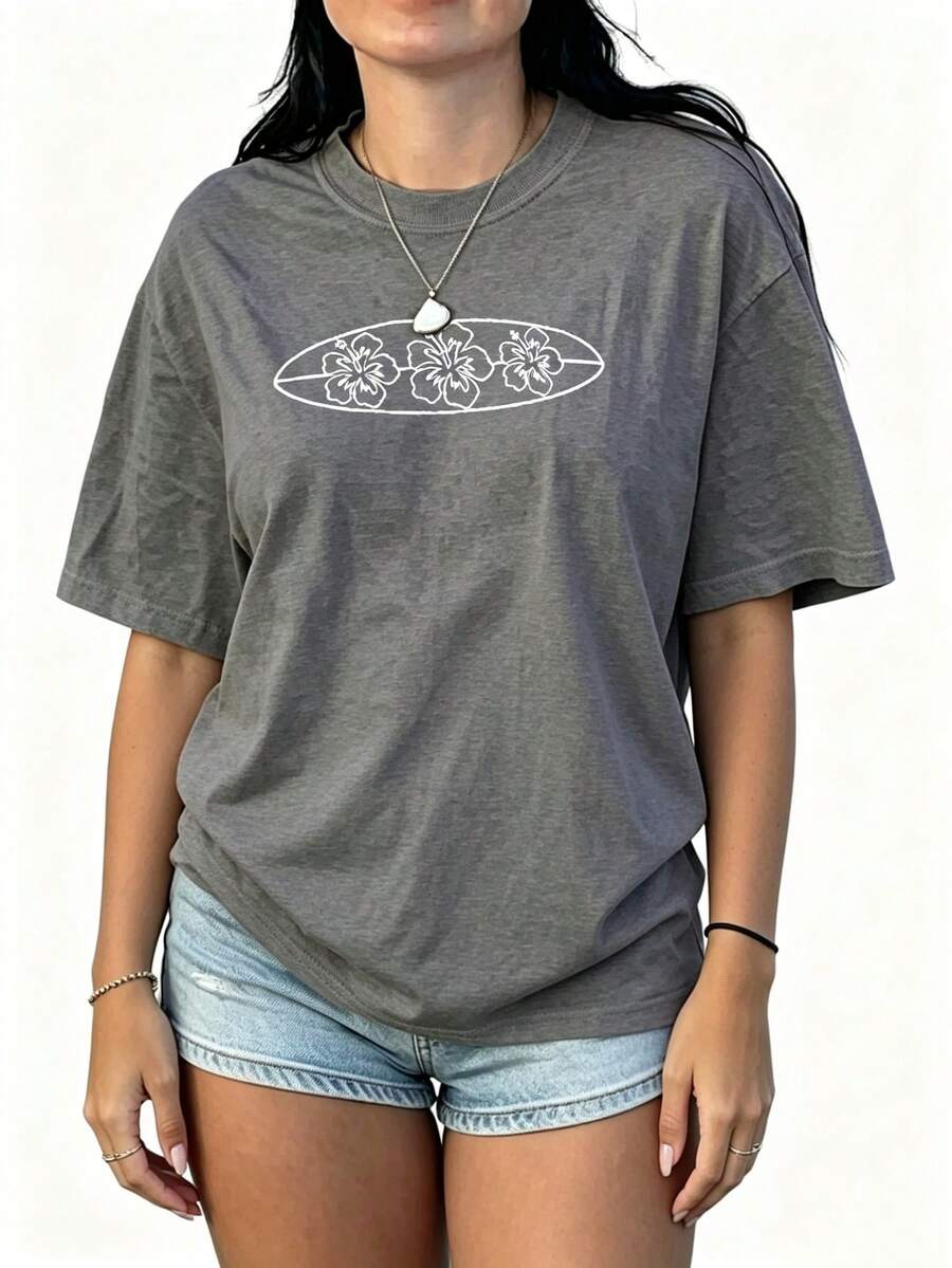 Women's Teens Oversized Graphic Tee Shirts Y2k Short Sleeve Floral Aesthetic Tshirt Top Summer Cute Preppy Clothes-For Women, Holiday, Vacation - 查看 1