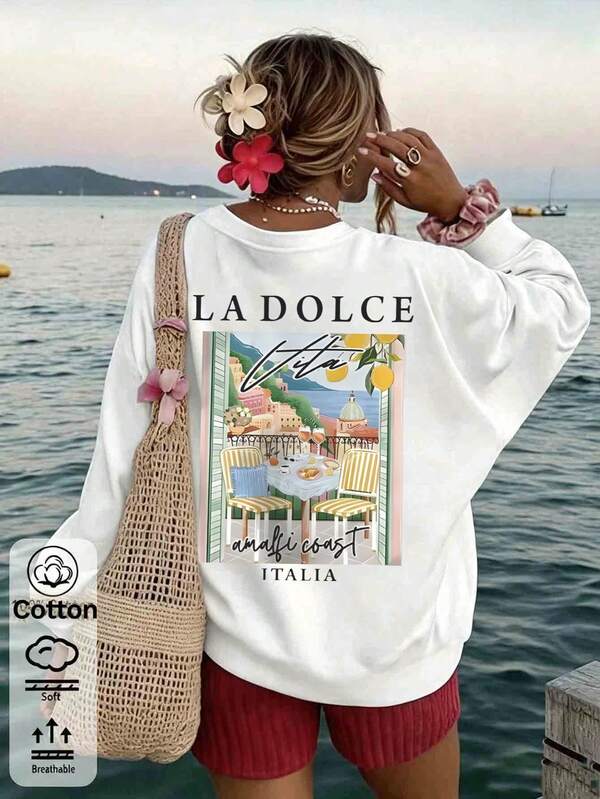 2026 Spring/Autumn Custom Loose White Pullover Sweatshirt For Women, Letter And Italian Seaside Architecture Print, Casual Vacation Style