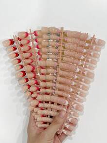 360pcs (12 Styles Mixed) Short Oval Gradient French Press-On Nails, Brown, Red And White Acrylic Fake Nails Set. Autumn Nails. - Multicolor - View 1