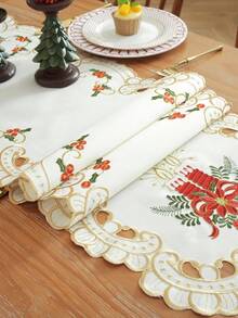 1pc Christmas Candle And Poinsettia Embroidered Table Runner, Hollow Carved Design, Vintage Christmas Table Decor, Suitable For Dinner Party, Family Gathering, Home Holiday Decoration - Beige - View 5
