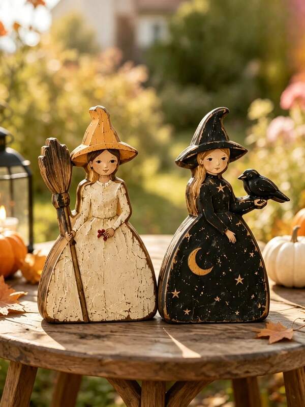 1pc Vintage Distressed Hand-Painted Wooden Witch Statue, Halloween Witch Decor, Primitive Witch Decoration, Rustic Halloween Decor, Farmhouse Autumn Decoration, Tiered Tray Decor, Halloween Tabletop Decoration
