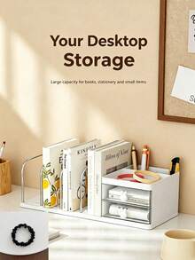 5/1pc Minimalist Plastic + Metal Rectangular Bookshelf, With Rabbit Dual Drawer Divided Book Holder, Desktop Book & Stationery Storage Rack, Practical Drawer Storage Box, Suitable For Study, Bedroom And Office Desktop Organization - Multicolor - View 12