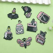 2/8pcs Black Gothic Enamel Charms Alloy Skeleton Moth Record Player Skull Pendant For DIY Halloween Bracelet Necklace Earring Jewelry Making Findings - Black - View 1