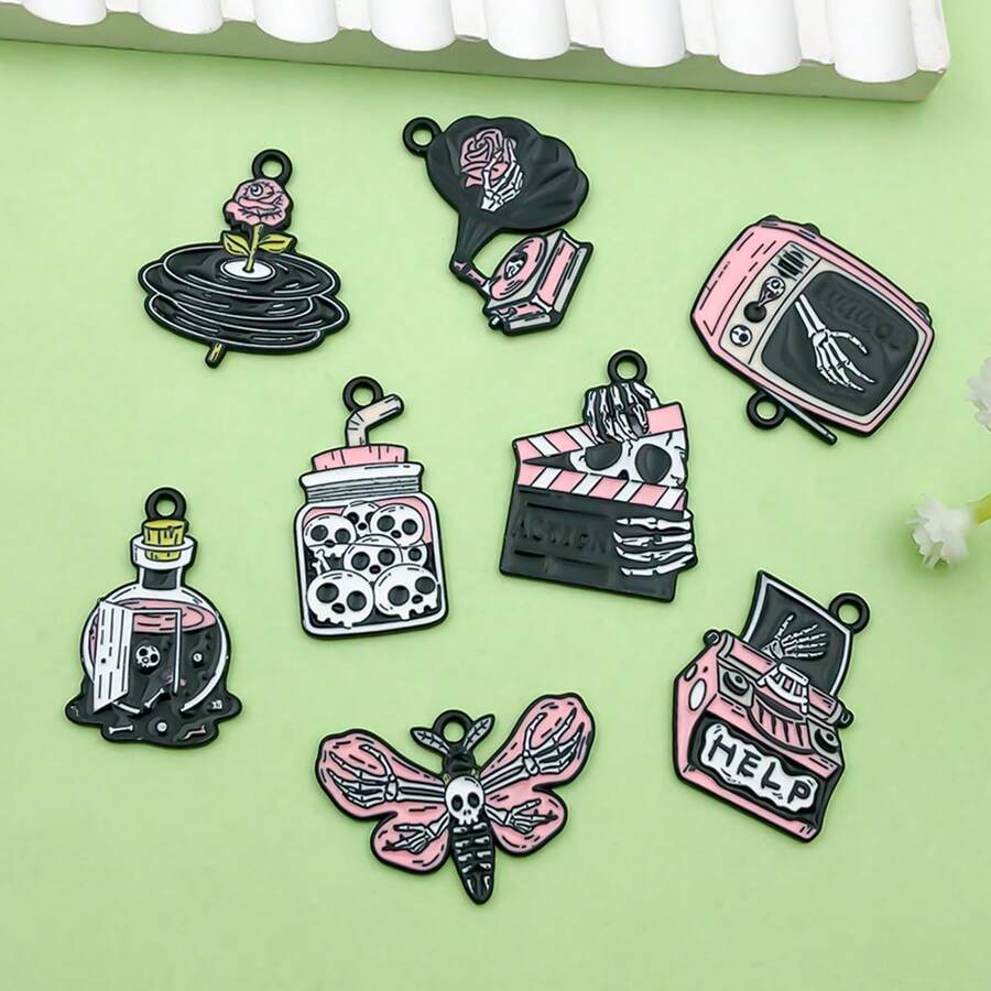 2/8pcs Black Gothic Enamel Charms Alloy Skeleton Moth Record Player Skull Pendant For DIY Halloween Bracelet Necklace Earring Jewelry Making Findings - Black - View 1
