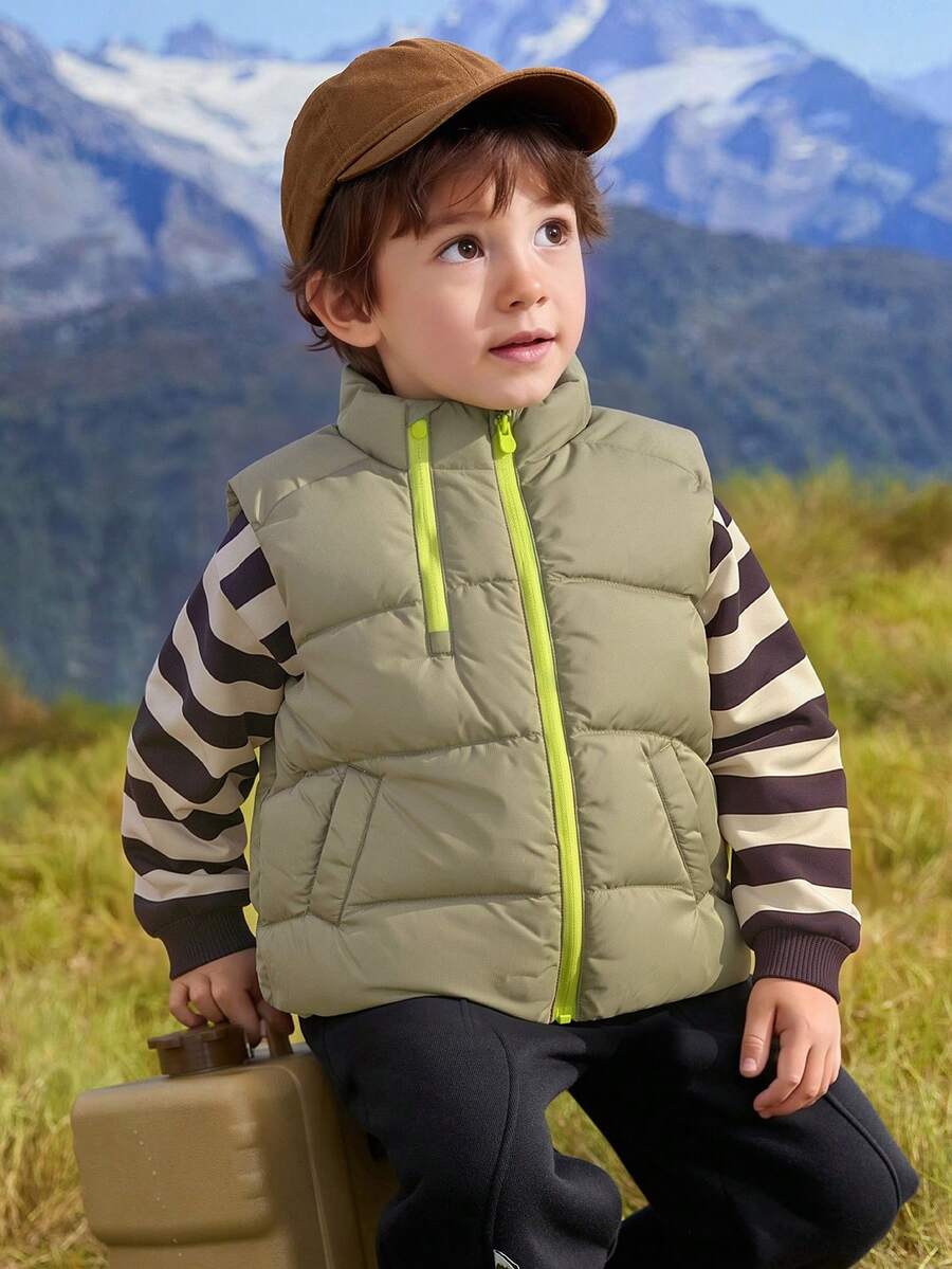Balabala Stand‑Collar Kids Down Vest Lightweight Warm Sleeveless Outerwear Autumn Winter - Olive Green - View 1