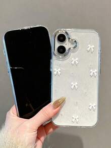 Cute White Bow With Shiny Silver Frame Transparent Background Epoxy Resin Phone Case, Compatible With IPhone 18Pro/18ProMax/17/17Air/17Pro/17ProMax/16/15/14/13/12/11/X/XS/XR/Mini/Pro Max/Pro/Plus, Korean Style TPU Soft Shell - White - View 5
