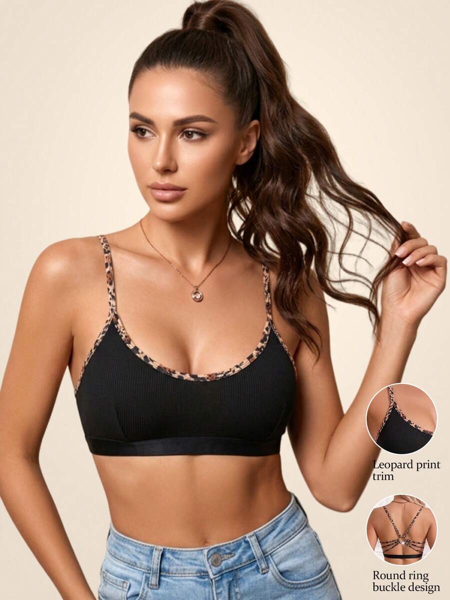Comfortable Fashionable Charming Wireless Bra With Back Strap Contrast Leopard Print No Padding Ultra Short Top - Black - View 1