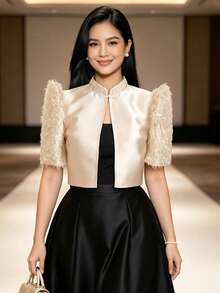 Modern Filipino Style Butterfly Sleeve Elegant Stand Collar Patchwork Minimalist Solid Color Top - Champagne - View 5