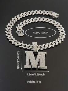 1pc Hip Hop Oversized M Letter Iced Out Pendant Necklace, Rhinestone Cuban Chain Set, Rap Style Accessory, Unisex Music Festival Party Outfit Personalized Jewelry Gift - M - View 7