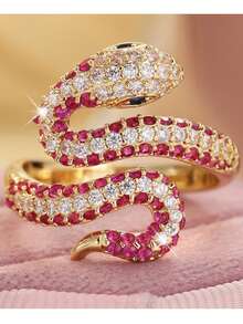 Gmzalx Light Luxury Exaggerated Snake Wrap Ring For Women, Shiny Gold Tone With Pink And White Synthetic Cubic Zirconia, Suitable For Daily Wear And Party Occasions, Great Gift - Color - View 13