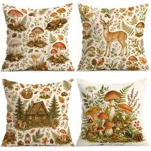 4pcs Forest Mushroom & Deer Pattern Pillow Covers, Single-Sided Printed Pillow Covers, Suitable For Living Room, Bedroom, Home Decor, All-Season Pillow Covers - Multicolor - View 1