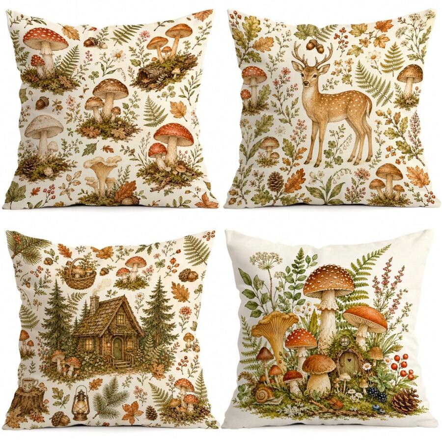4pcs Forest Mushroom & Deer Pattern Pillow Covers, Single-Sided Printed Pillow Covers, Suitable For Living Room, Bedroom, Home Decor, All-Season Pillow Covers - Multicolor - View 1
