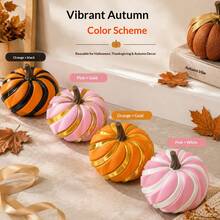 Decorative Artificial Pumpkin Ornament, Stylish Stripe Design Tabletop Decoration, Festive Display Decor For Halloween, Thanksgiving, Autumn Home Party Decor - Multicolor - View 2