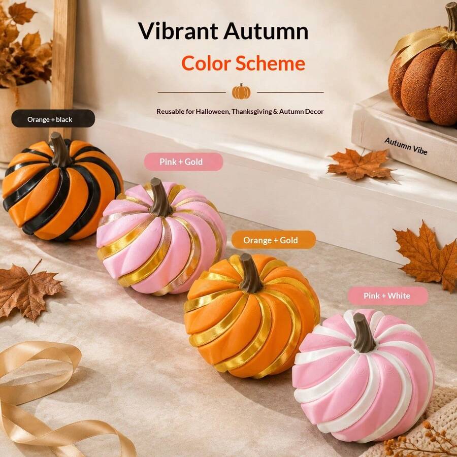 Decorative Artificial Pumpkin Ornament, Stylish Stripe Design Tabletop Decoration, Festive Display Decor For Halloween, Thanksgiving, Autumn Home Party Decor
