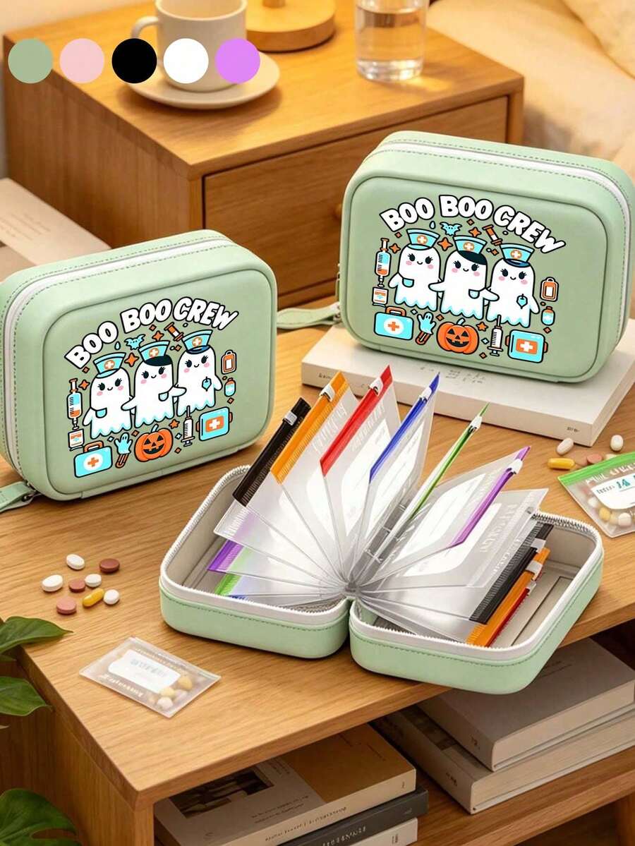 Pill Storage Box Set, BOO BOO CREW Pattern, 7-Day 2-Times-A-Day Large Capacity Pill Organizer, 14 Colorful Compartments, Reusable Travel Medicine Storage Bag, Large Capacity Weekly Pill Organizer, Suitable For Small Daily Items, Ideal For Health-Conscious And On-The-Go Users, Essential Medical Accessory, Back To School, Halloween, Christmas, Student Essential - Multicolor - View 1