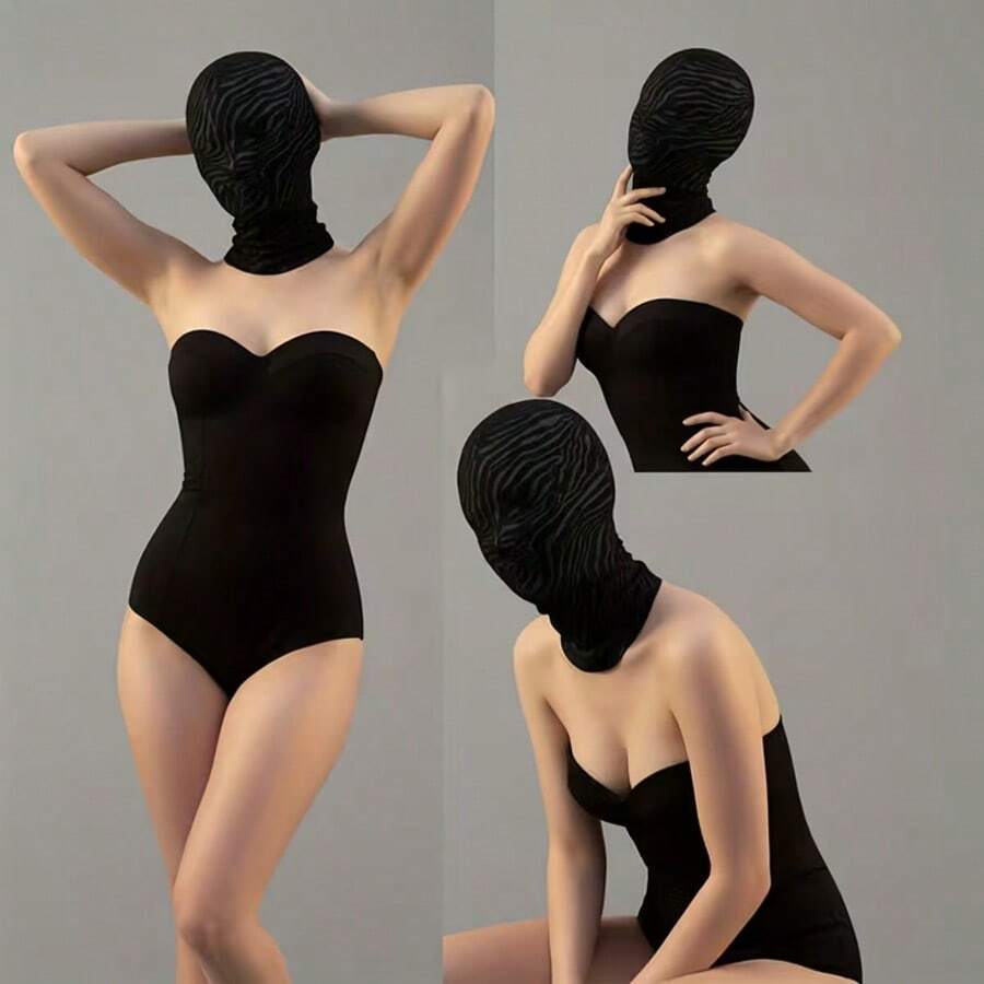 Damaged Style Full Face Mask | Halloween Adult Cosplay Headgear, Zebra Stripe, Semi-Transparent, Fabric, Medium Elasticity, Suitable For Cosplay Party Costume Props - Black - View 1