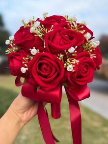 White Pearl Tulip Bridal Bouquet(8.66inch)With Pearl Decoration, Lace Bow Artificial Flower For Wedding Party Prom Gift - Multicolor - View 23
