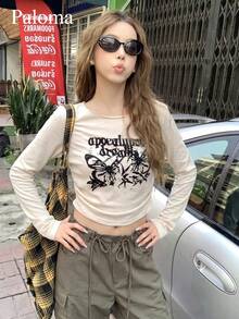 2025 New Arrival Butterfly Print Long Sleeve T-Shirt, Korean Style Retro Short Women Top Casual Spring - Apricot - View 1