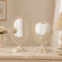 Vintage Oval Desktop Makeup Mirror, White Carved Decorative Vanity Mirror, 360° Rotating Double-Sided Tabletop Makeup Mirror, Suitable For Bedroom Vanity, Bathroom Decor - Apricot - View 5