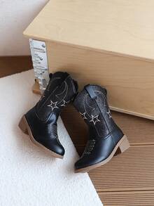 1 Pair Girls' Star & Moon Embroidered Mid-Calf Boots, Spring/Autumn Colorblock Mid-Calf Boots, Little Girls' Side Zipper Vintage Chunky Heel Boots - Black - View 8