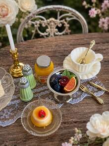 Miniature Peach Cake Model Afternoon Tea Decor, Includes Mini Dessert Fruit Plate, Tableware, Candle Holder And Other Dollhouse Restaurant Scene Decoration Accessories - one-size - View 3