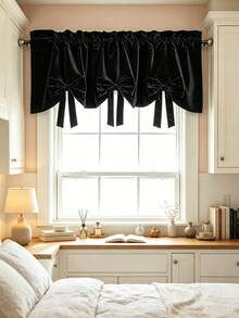 1PC New Red Bow Velvet Designer Decorative Small Curtain, Light-Filtering Window Curtain For Kitchen And Multiple Uses, Rod Pocket Design, Fresh Style Finished Short Curtain - Black - View 2