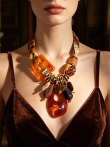 1pc Vintage Fabric & Resin CCB Color Block Pendant Necklace For Women, Suitable For Banquet & Daily Wear - X-1309 - View 12