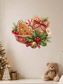 1pc Christmas Gingerbread Cookie & Gift Box Wall Sticker, Holly Berry & Jingle Bell Wall Decal, Self-Adhesive Removable Waterproof PVC Peel And Stick Wall Decor For Kitchen Dining Room Living Room, Holiday Home Decoration - Christmas Gift Tray Theme Wall Sticker - View 8