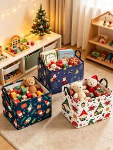 1PCFestive Christmas Style Square Storage Basket With Gnome Xmas Print& Reinforced Handle Detail,Foldable For Space‑Saving Organization,Household Sundries Storage Bin,Desktop Organizer Container,Suitable For Christmas Winter Bedroom Home Use - Multicolor - View 3