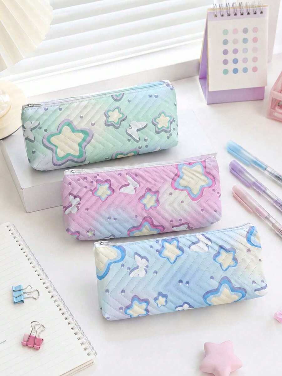 1pc Star & Butterfly Pattern Quilted Pencil Case, Zippered Stationery Storage Bag, Cute Student Pencil Pouch, Portable Cosmetic Organizer, Back To School Essential, Suitable For Girls And Teens Daily Storage, Perfect As A Gift - Little Star Butterfly Pencil Case - View 1