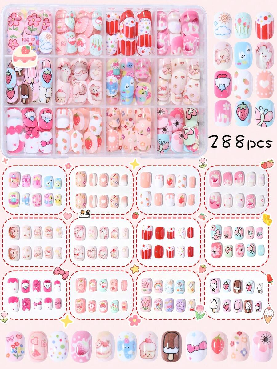 288片兒童美甲貼,Naio Kids 假指甲,免膠貼片,全覆蓋短款壓克力美甲套組,適合女孩美甲裝飾 - 彩色 - 查看 1