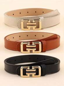 1/2/3pcs Solid Color Geometric Snap Button Belt With Gold Buckle, Minimalist Versatile Waist Belt - Gold Buckle - View 7